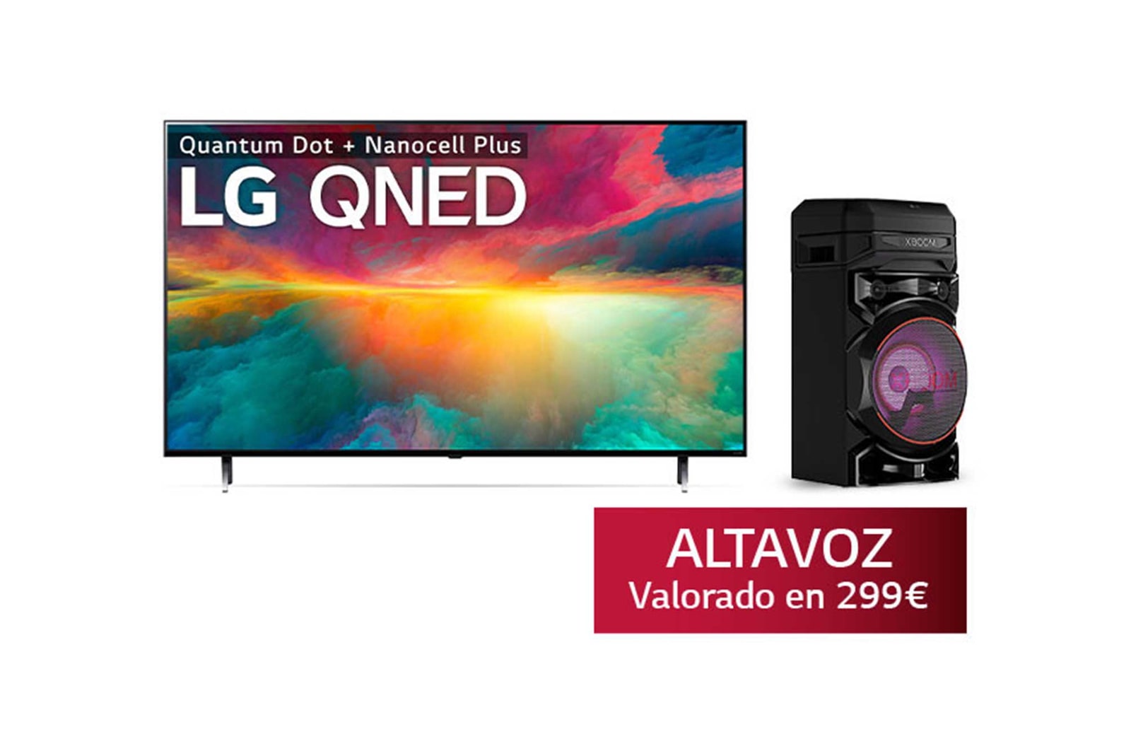 Vista frontal de TV LG QNED 4K de 65&#39;&#39; &#43; Altavoz de gran potencia LG XBOOM La Bestia GRATIS 65QNED756RA.BTS.EEES.C