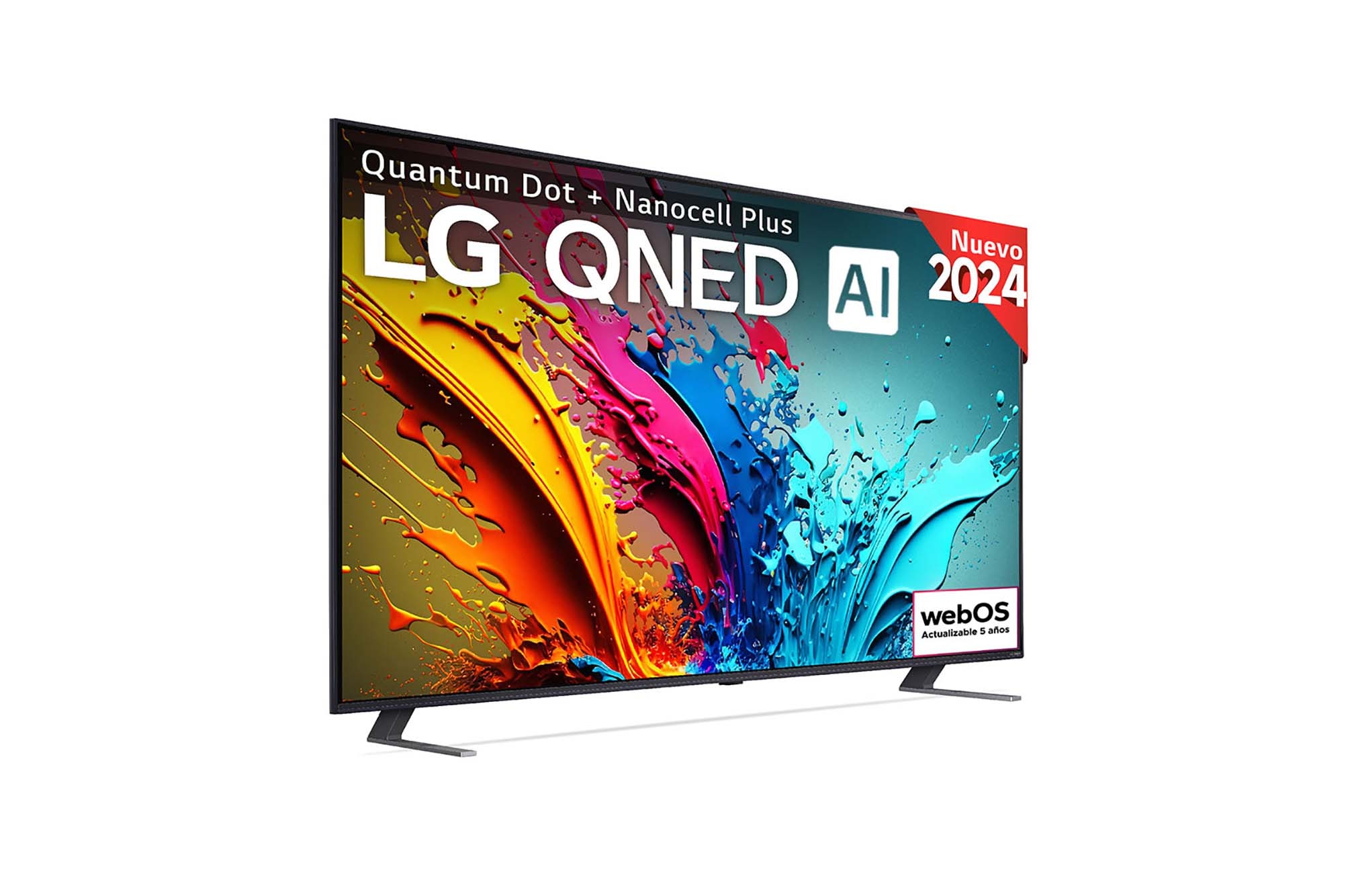 Vista frontal del televisor LG QNED85 65QNED85T6C con el logotipo de webOS en la pantalla.