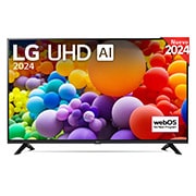 Front view of LG UHD TV, UT73 with text of LG UHD AI ThinQ, 2024, and webOS Re:New Program logo on screen