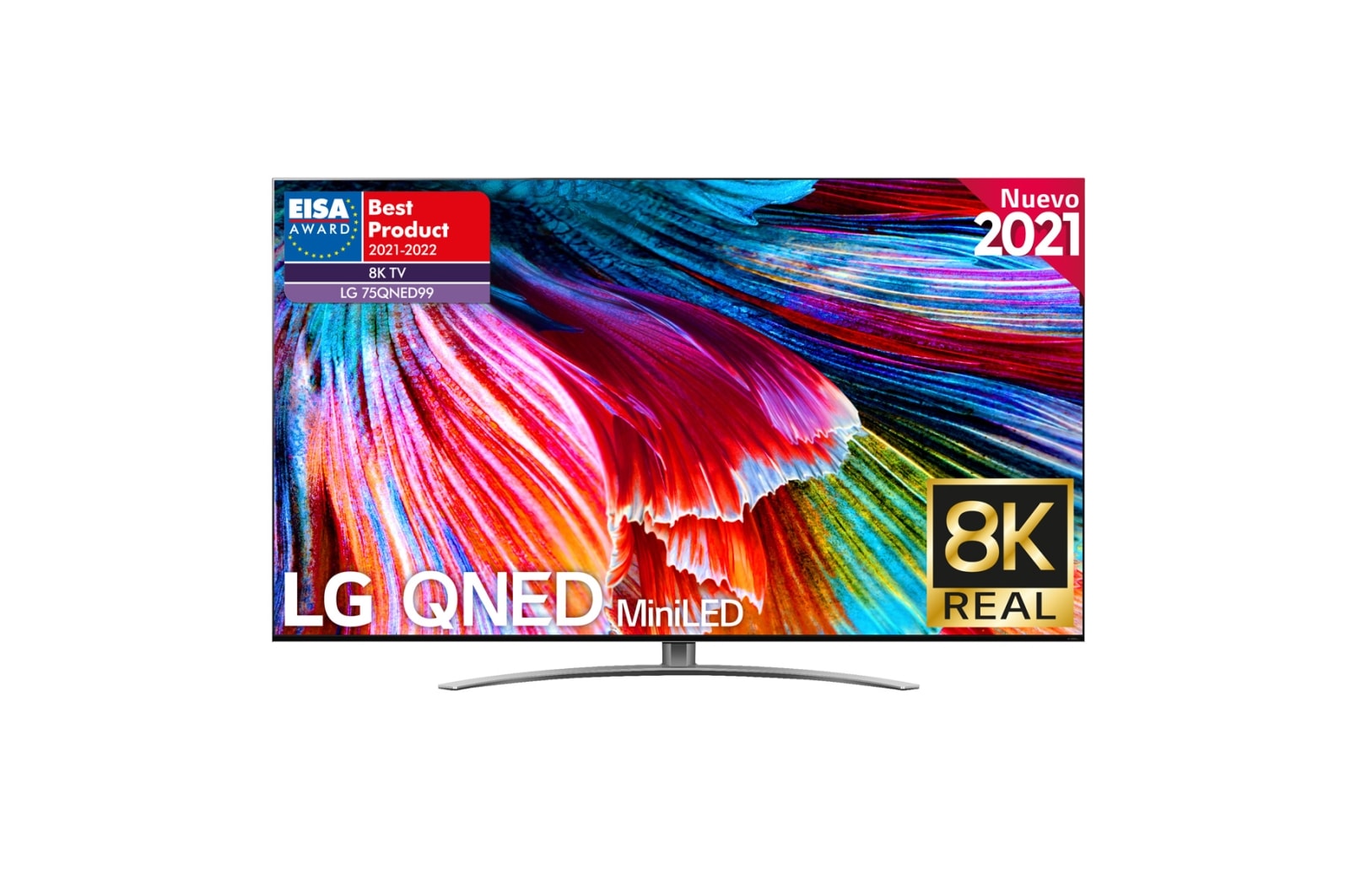 Vista frontal de TV LG 8K QNED Mini LED, SmartTV webOS 6.0, Procesador Inteligente 8K α9 Gen4 con AI, Gaming Pro TV, Compatible con el 100% de formatos HDR, HDR Dolby Vision, DOLBY ATMOS, Eficiencia energética G 75QNED996PB