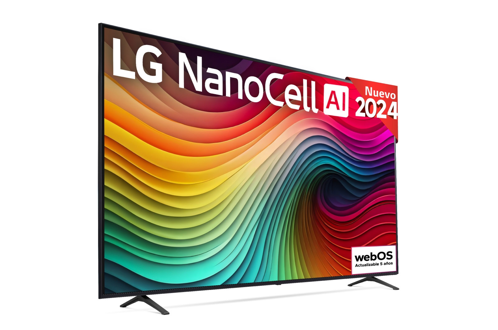 Front view of LG NanoCell TV, NANO80 with text of LG NanoCell, 2024, and webOS Re:New Program logo on screen