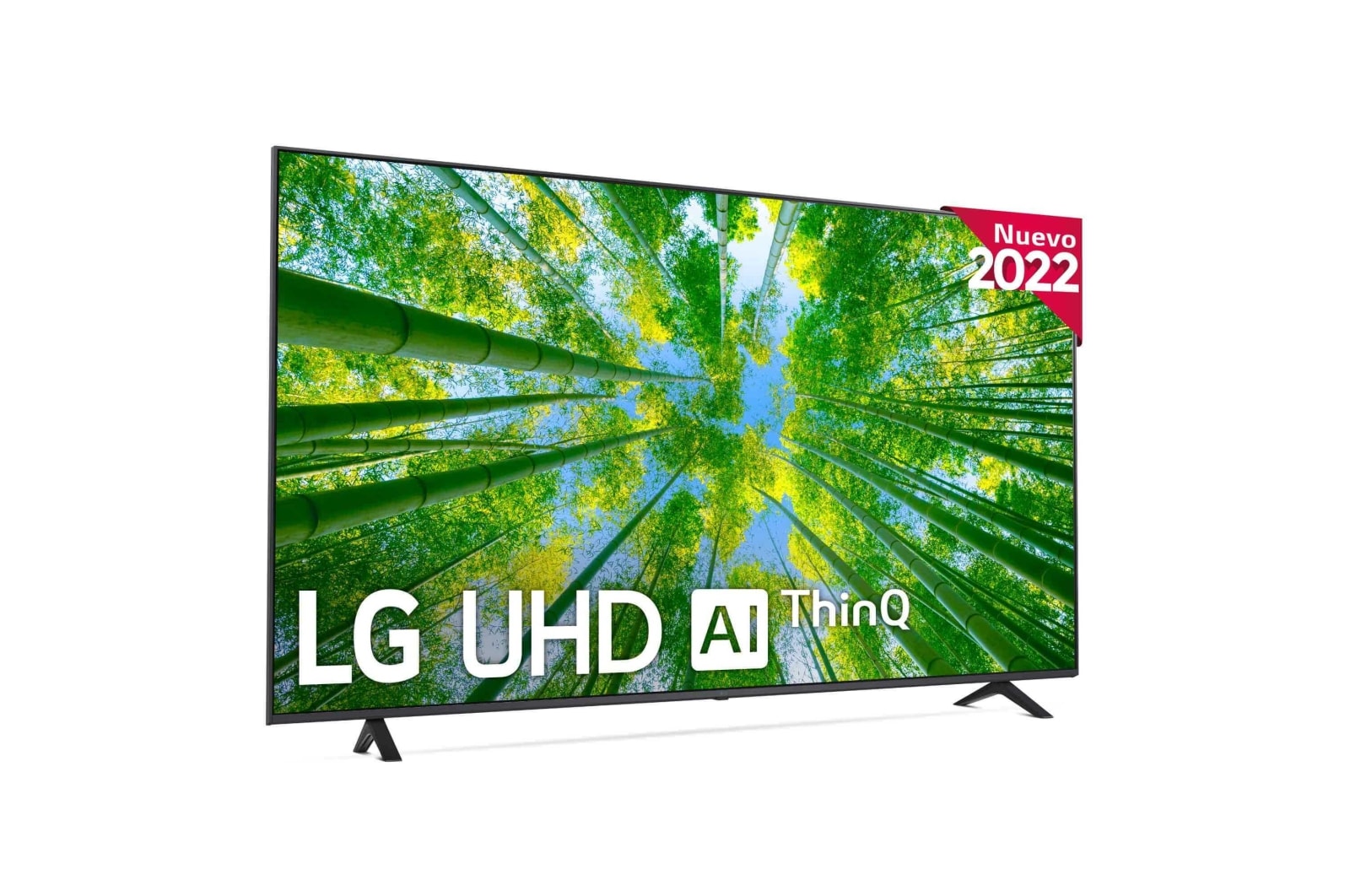 Vista frontal del LG UHD TV con imagen de relleno y logo del producto