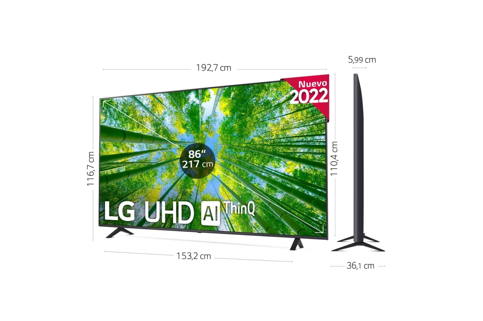 LG Televisor LG 4K UHD, Procesador Inteligente de Gran Potencia 4K α7 Gen 5 con IA, compatible con formatos HDR 10, HLG y HGiG, Smart TV webOS22., 86UQ80006LB
