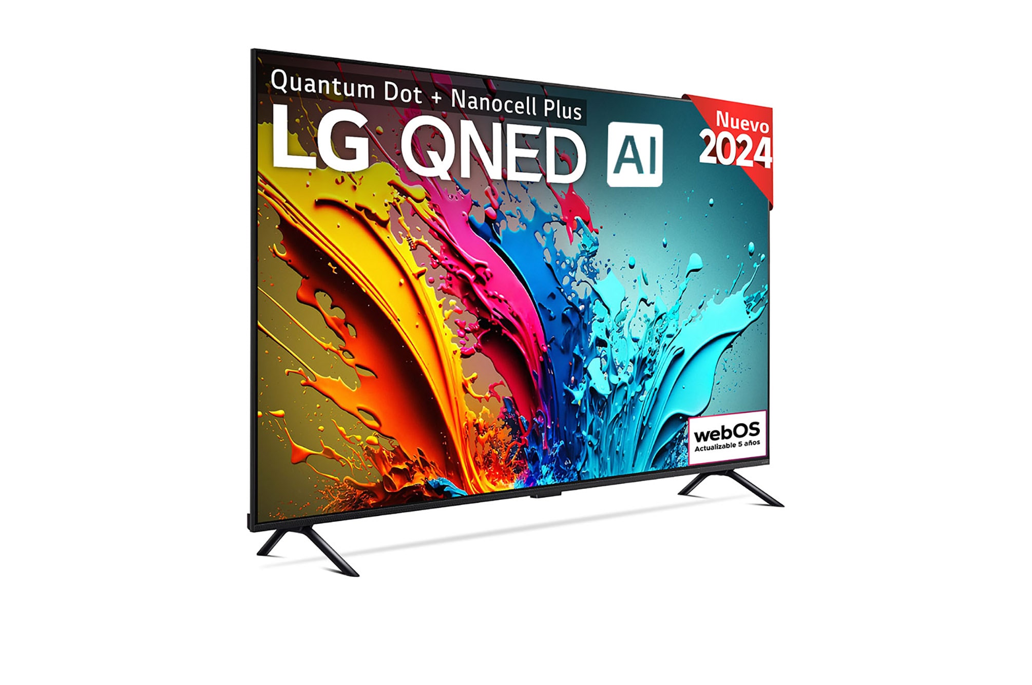 Front view of LG QNED TV, QNED90 with text of LG QNED MiniLED, 2024, and webOS Re:New Program logo on screen