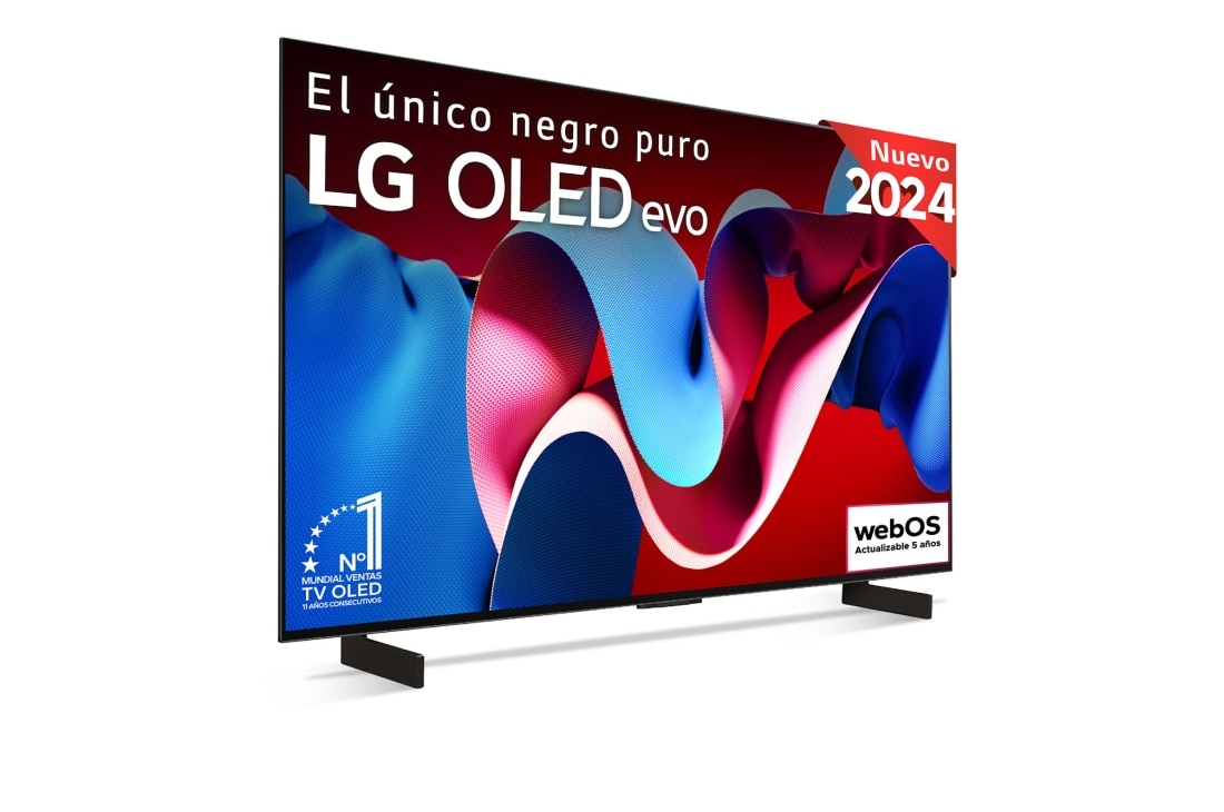 Vista frontal con la televisión LG OLED evo AI, la OLED C4, el emblema de la OLED número 1 del mundo durante 11 años y el logotipo del programa webOS Re:New en la pantalla