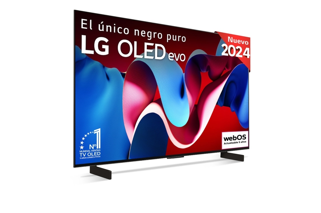 Vista frontal con la televisión LG OLED evo AI, la OLED C4, el emblema de la OLED número 1 del mundo durante 11 años y el logotipo del programa webOS Re:New en la pantalla