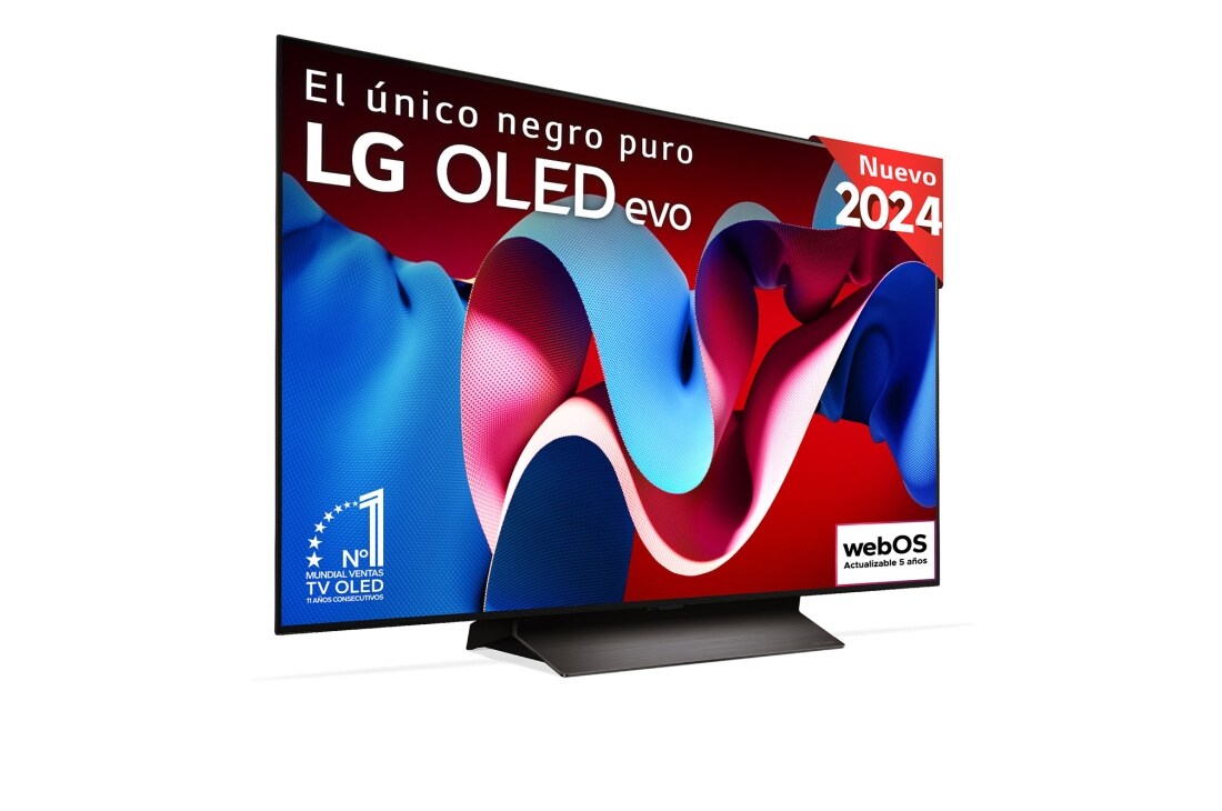 Vista frontal con la televisión LG OLED evo AI, la OLED C4, el emblema de la OLED número 1 del mundo durante 11 años y el logotipo del programa webOS Re:New en la pantalla