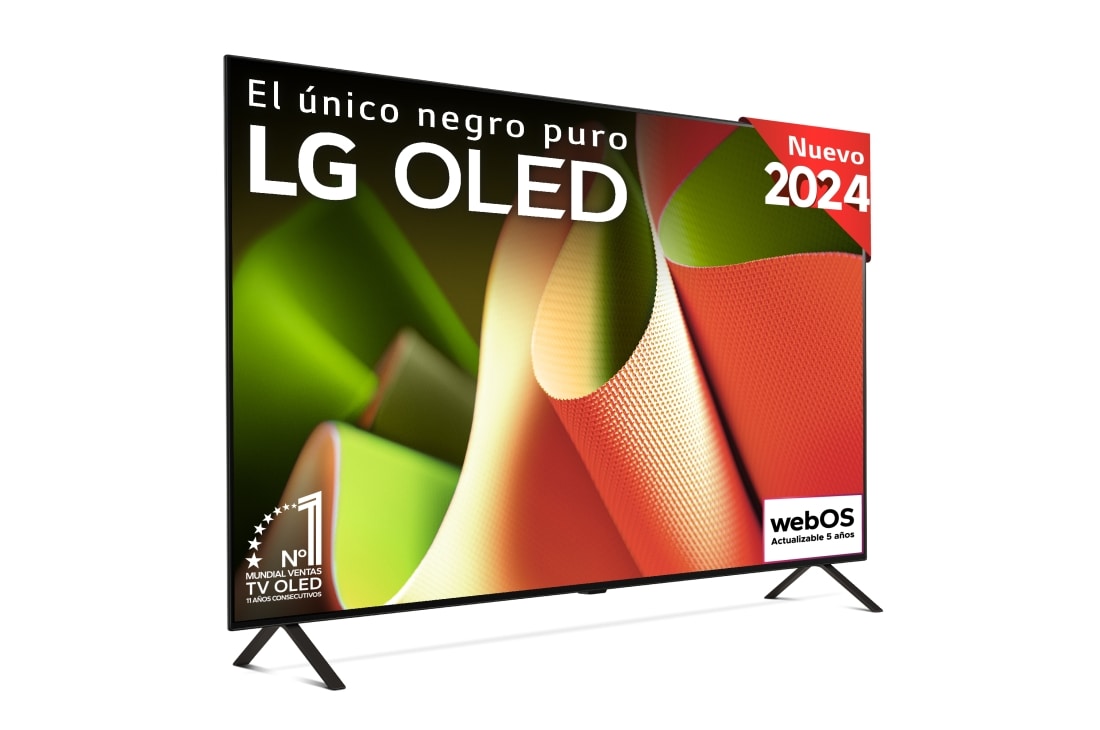 Vista frontal con LG OLED TV, OLED AI B4, emblema 11 Years of world number 1 OLED y logotipo del programa webOS Re:New Program en pantalla con soporte de 2 patas