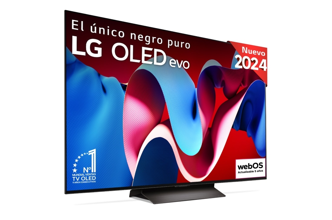 Vista frontal con la televisión LG OLED evo AI, la OLED C4, el logotipo de la OLED número 1 del mundo durante 11 años y el logotipo del programa webOS Re:New en la pantalla