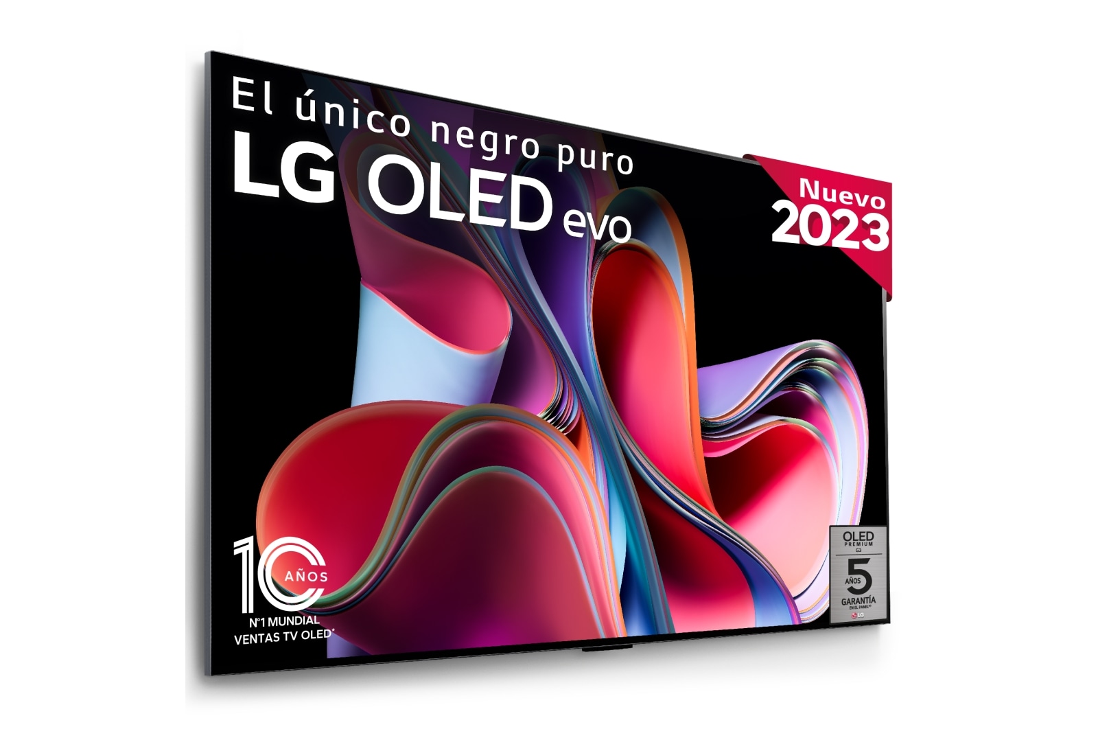 Front view with LG OLED evo, 10 Years World No.1 OLED Emblem, and 5-Year Panel Warranty logo on screen