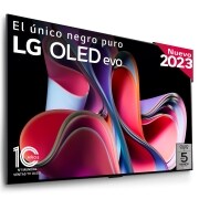 Front view with LG OLED evo, 10 Years World No.1 OLED Emblem, and 5-Year Panel Warranty logo on screen