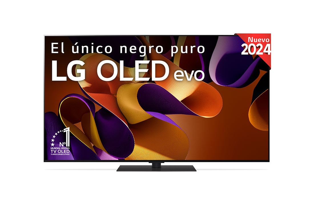 Vista frontal de un LG OLED evo AI TV, OLED G4, con el emblema “11 Years of world number 1 OLED”, el logotipo del programa webOS Re:New Program y el logotipo de la Garantía de 5 años en pantalla