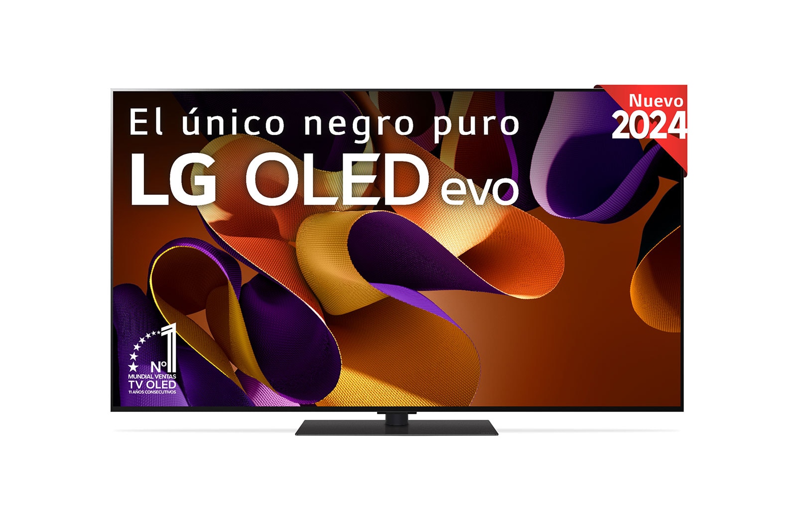 Vista frontal de un LG OLED evo AI TV, OLED G4, con el emblema “11 Years of world number 1 OLED”, el logotipo del programa webOS Re:New Program y el logotipo de la Garantía de 5 años en pantalla
