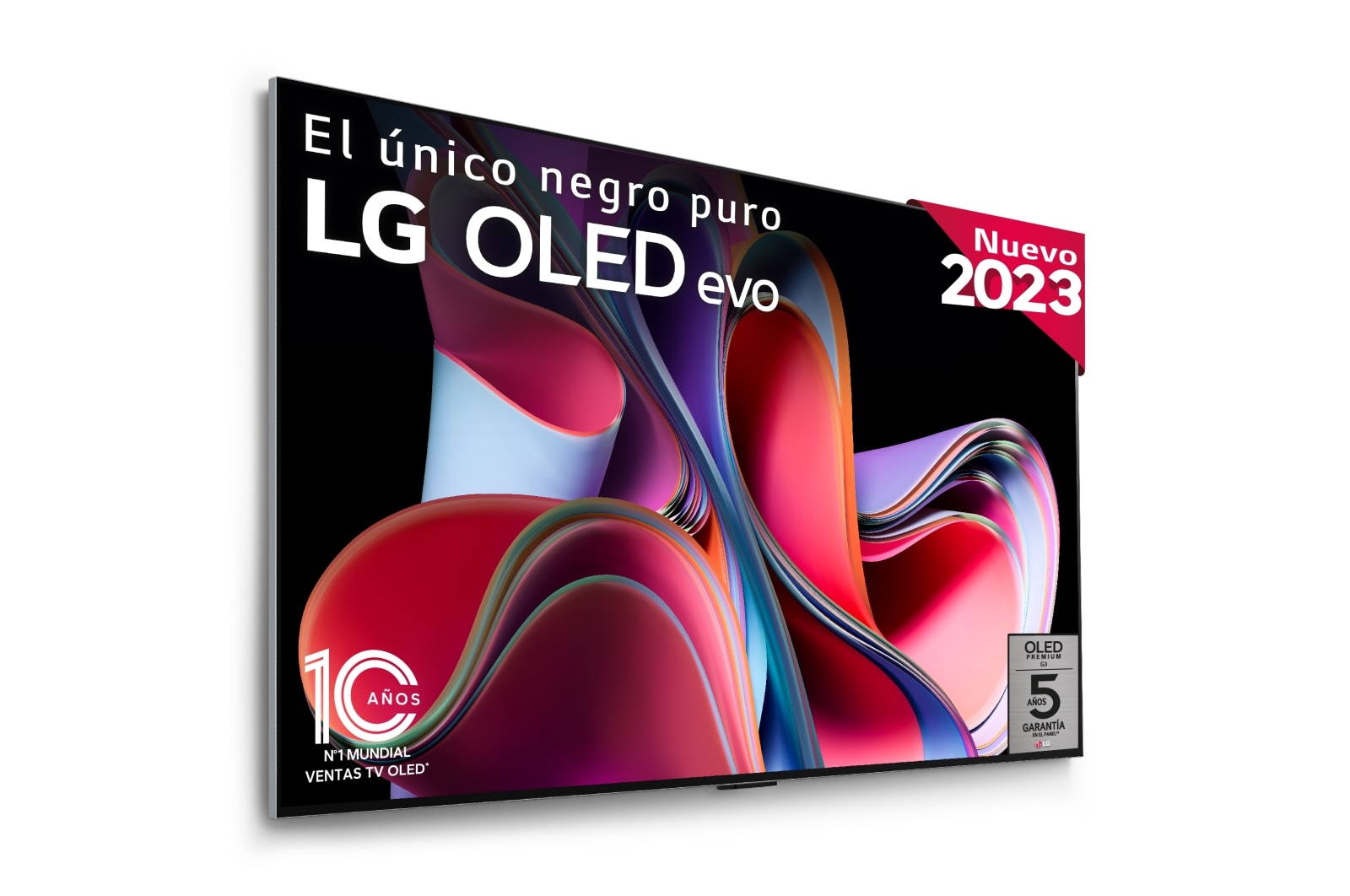 Front view with LG OLED evo, 10 Years World No.1 OLED Emblem, and 5-Year Panel Warranty logo on screen