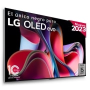Front view with LG OLED evo, 10 Years World No.1 OLED Emblem, and 5-Year Panel Warranty logo on screen