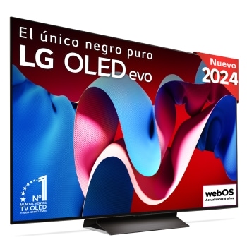 Vista frontal con la televisión LG OLED evo AI, la OLED C4, el logotipo de 11 años siendo el número 1 mundial de OLED y el logotipo del programa webOS Re:New en la pantalla, así como la Soundbar debajo