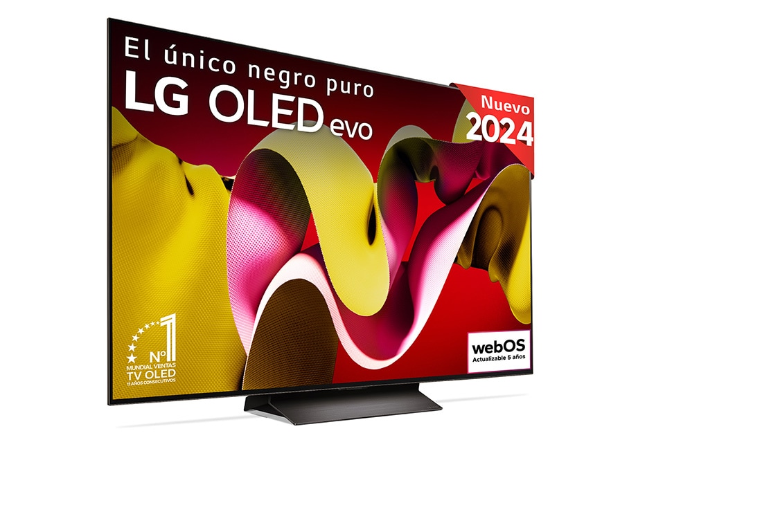 Vista frontal con la televisión LG OLED evo AI, la OLED C4, el logotipo de 11 años siendo el número 1 mundial de OLED y el logotipo del programa webOS Re:New en la pantalla, así como la Soundbar debajo