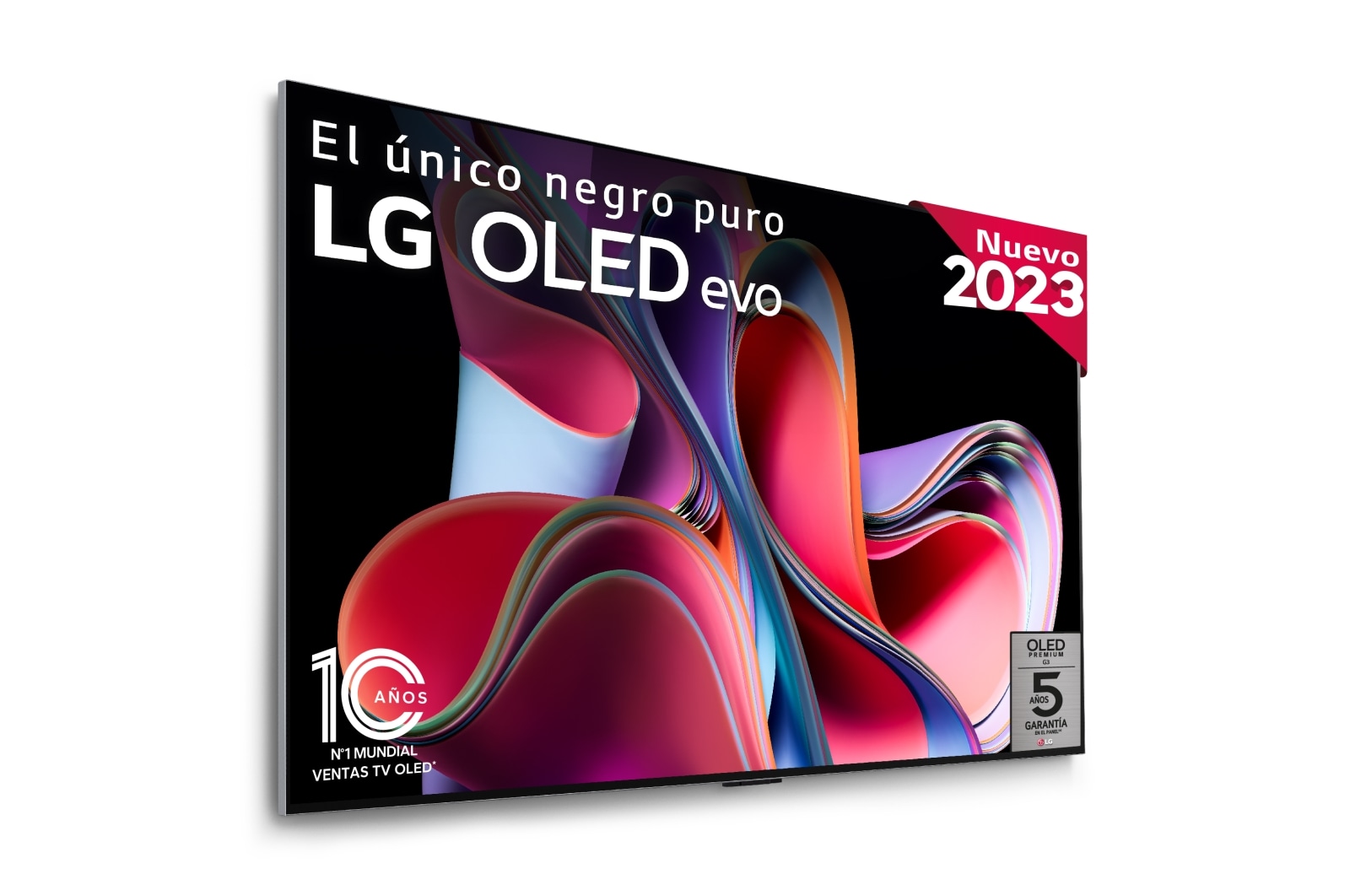 Front view with LG OLED evo, 10 Years World No.1 OLED Emblem, and 5-Year Panel Warranty logo on screen