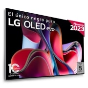 Front view with LG OLED evo, 10 Years World No.1 OLED Emblem, and 5-Year Panel Warranty logo on screen