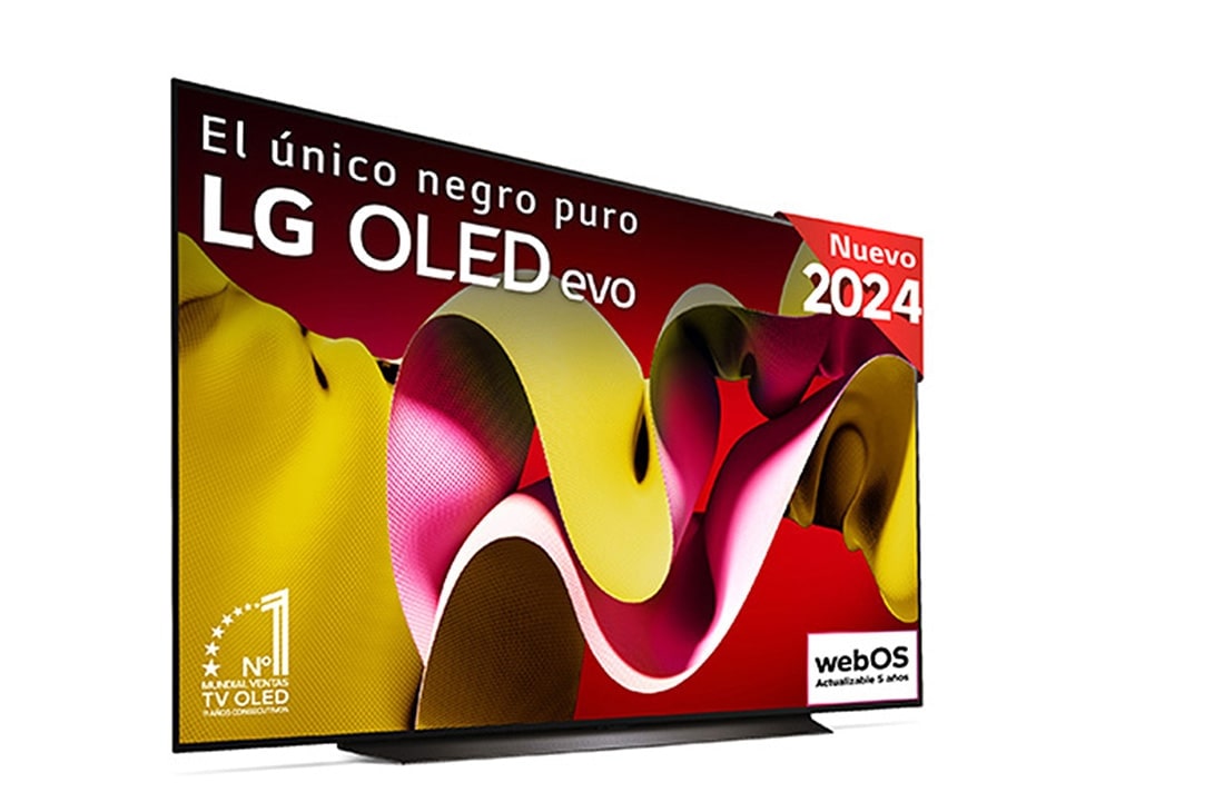Vista frontal con la televisión LG OLED evo AI, la OLED C4, el emblema de la OLED número 1 del mundo durante 11 años y el logotipo del programa webOS Re:New en la pantalla