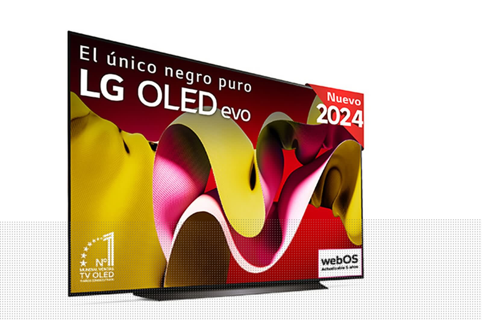 Vista frontal con la televisión LG OLED evo AI, la OLED C4, el emblema de la OLED número 1 del mundo durante 11 años y el logotipo del programa webOS Re:New en la pantalla