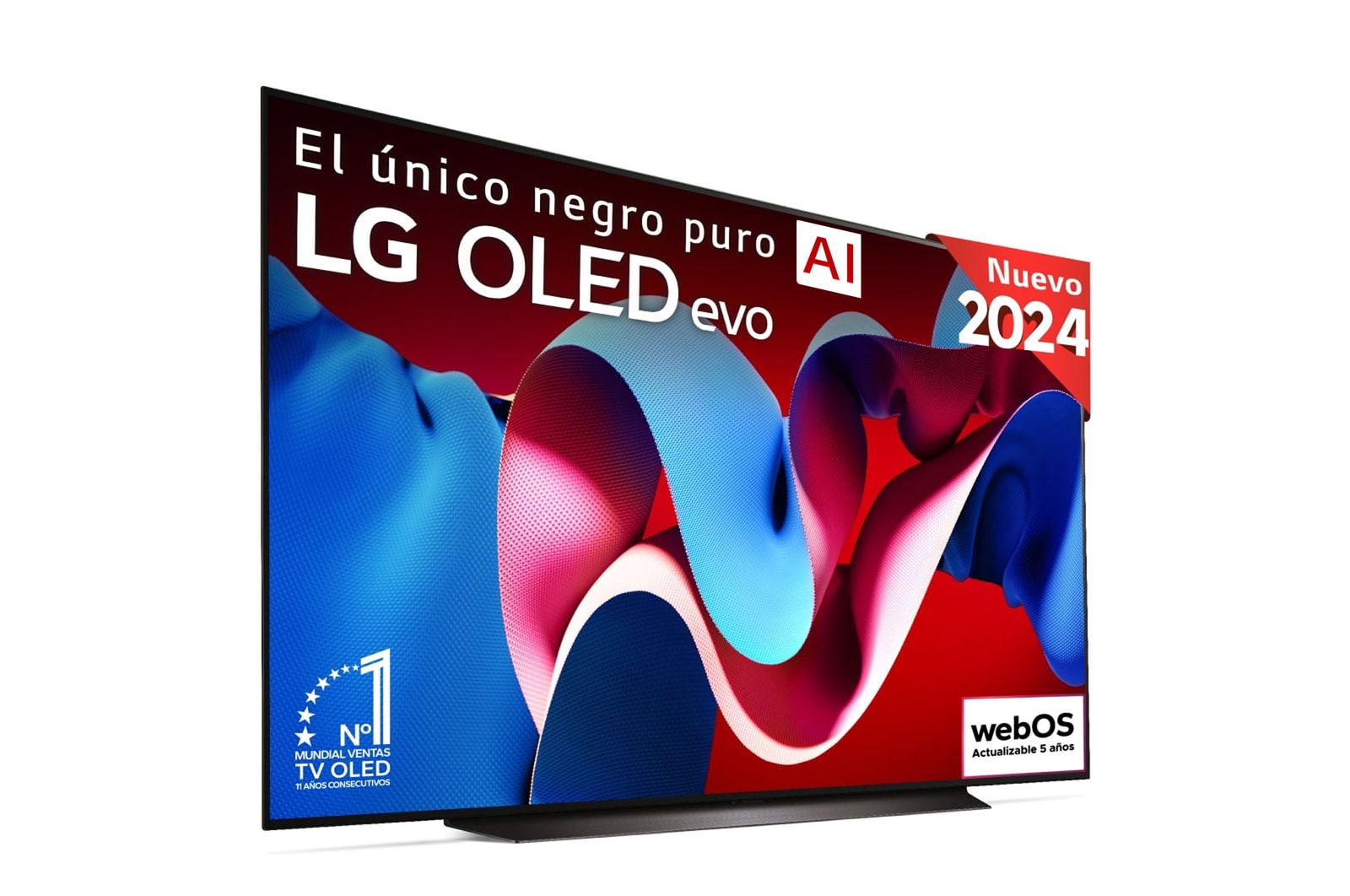 Vista frontal con la televisión LG OLED evo AI, la OLED C4, el emblema de la OLED número 1 del mundo durante 11 años y el logotipo del programa webOS Re:New en la pantalla