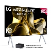 Front view with LG OLED M3 and Zero Connect Box below, 10 Years World No.1 OLED Emblem, LG OLED evo, and 5-Year Panel Warranty logo on screen