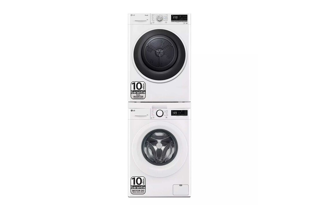 LG Torre de Lavado, Blanca, Lavadora 9kg, 1400rpm, un 10% mas eficiente que A + Secadora 9kg, A+++, TORRE0909KG.SET.EEES.C