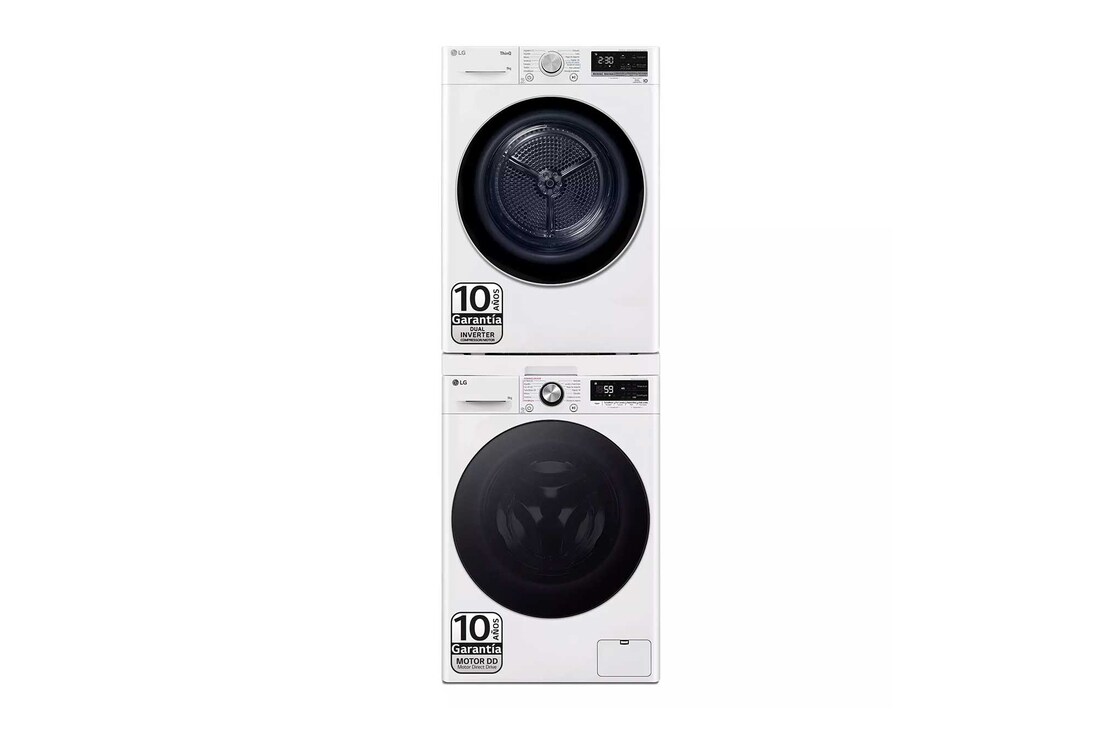 LG Torre de Lavado, Blanca, Lavadora inteligente 9kg, 1400rpm, 10% más eficiente que A + Secadora 9kg, A+++, TORRE0909PR.SET.EEES.C