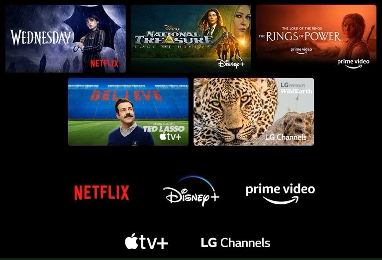 A poster of Wednesday from Netflix, National Treasure from Disney , The Rings of Power from Prime Video, Ted Lasso from Apple TV Plus, and a still from LG Channels with a leopard in the wild.