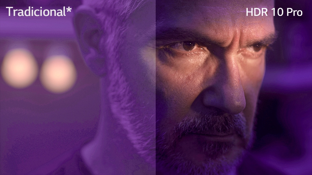 Un hombre tiene cara de enfadado. La imagen se divide en dos partes. En la mitad izquierda de la imagen el color es más opaco y menos vibrante, mientras que en la mitad derecha de la imagen se ve con colores más vivos. En la esquina superior izquierda dice 'tradicional', en la esquina superior derecha dice ''HDR 10 PRO'.