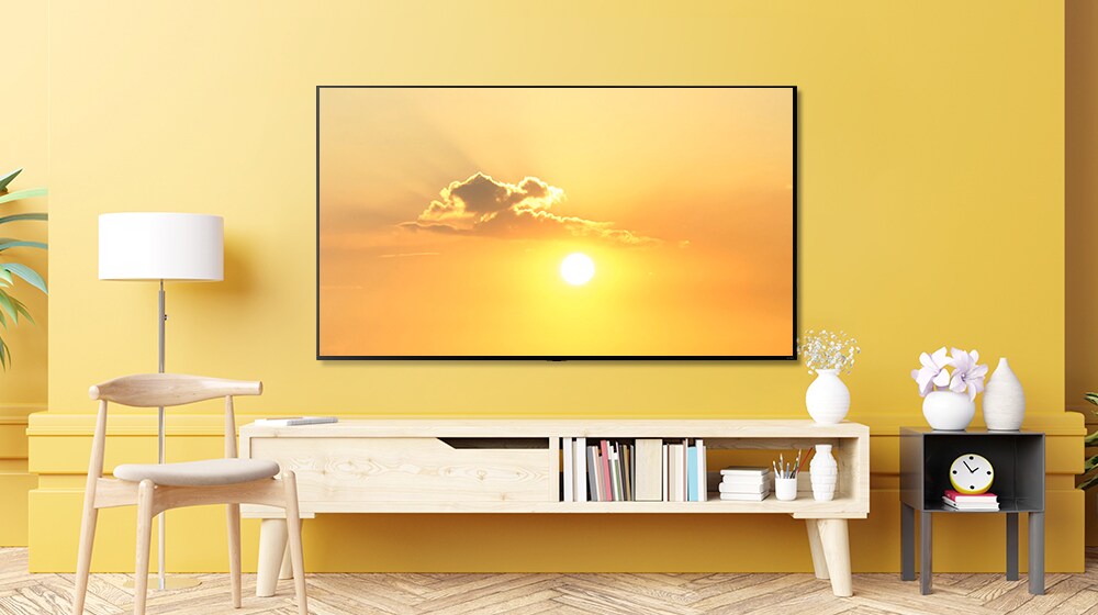 A TV hanging on living room shows a sky with bird flying. TV turns off and the scene changes to show a TV hanging on bedroom and TV turns on and the TV shows the same scene of a sky with bird flying.