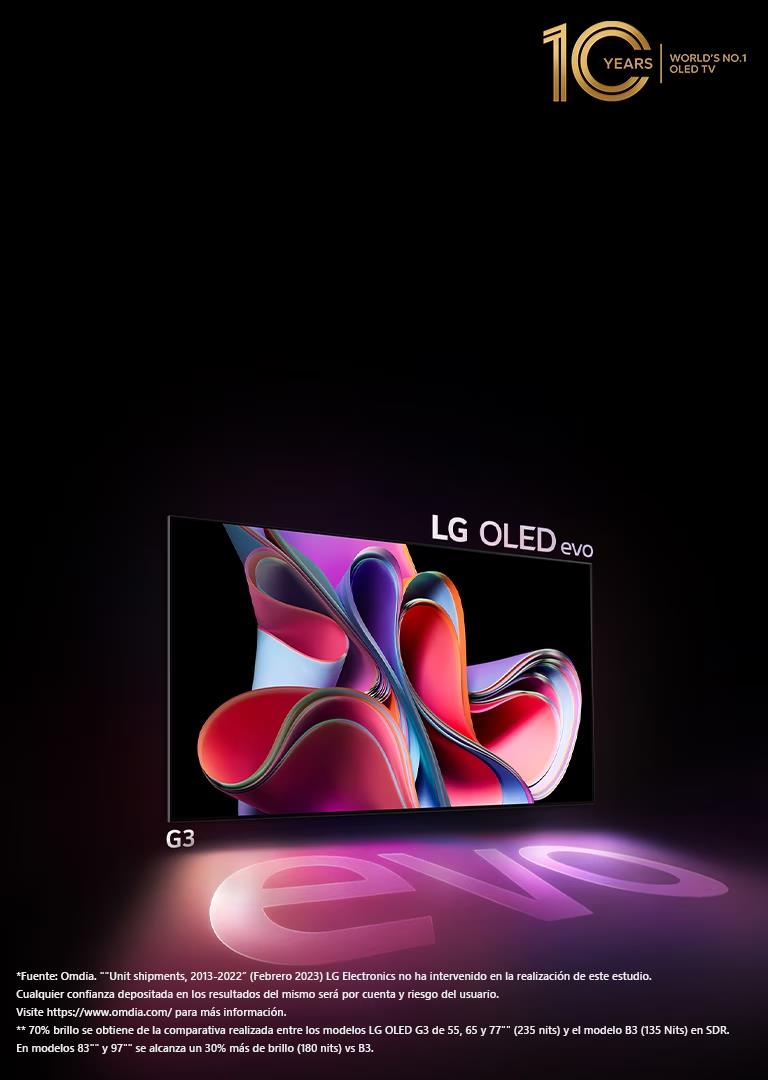 LG OLED G3 evo brilla con fuerza en un espacio oscuro. Y en la parte superior derecha hay un logotipo para celebrar el 10.º aniversario de OLED.