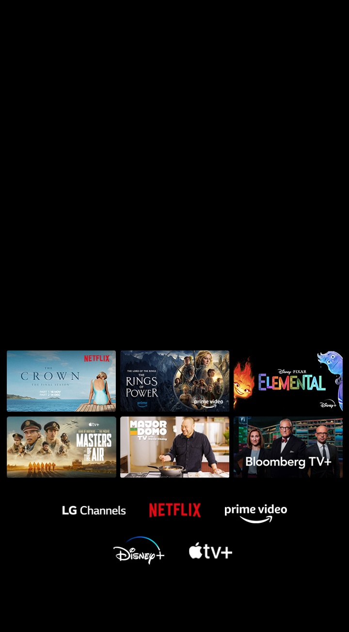 Aparecen seis miniaturas de películas y programas de televisión y, debajo, los logotipos de LG Channels, Netflix, Prime Video, Disney+ y Apple TV+.