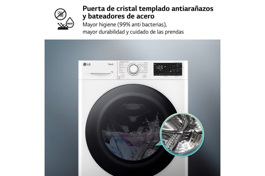 LG Lavadora inteligente AI Direct Drive. Vapor, Autodosificación,  9kg ,  1400rpm Un 10% más eficiente que A, Serie 550, F4WR5509A0W