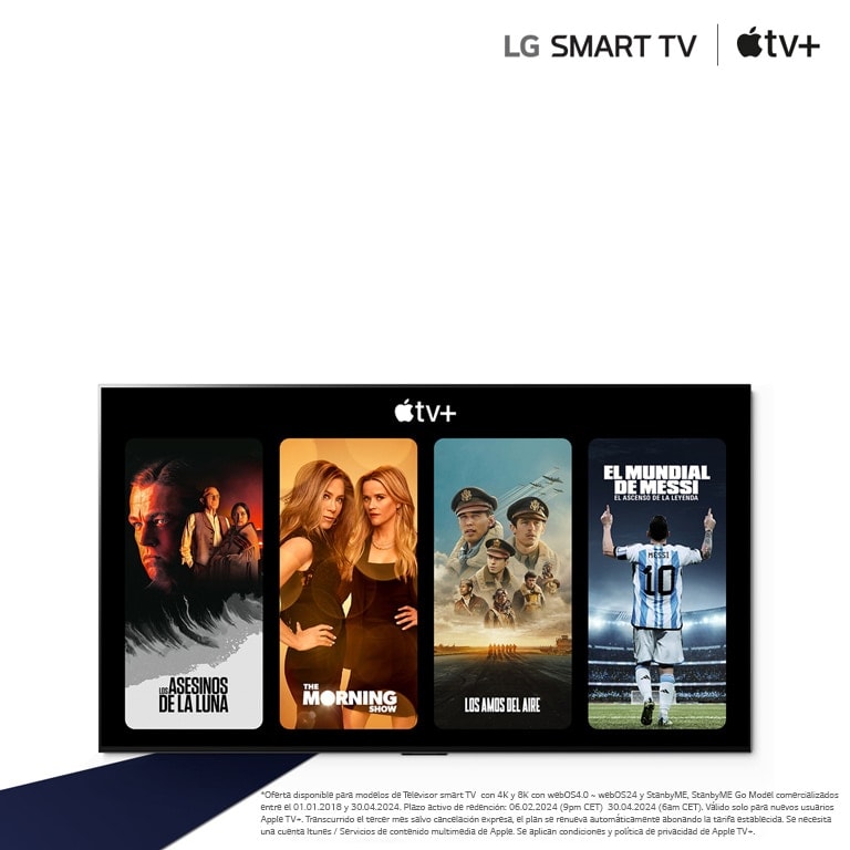 Una imágen de un televisor LG OLED. El contenido de Apple TV+ está en la pantalla y el titular es &quot;Consigue 3 meses de Apple TV+ gratis&quot;.