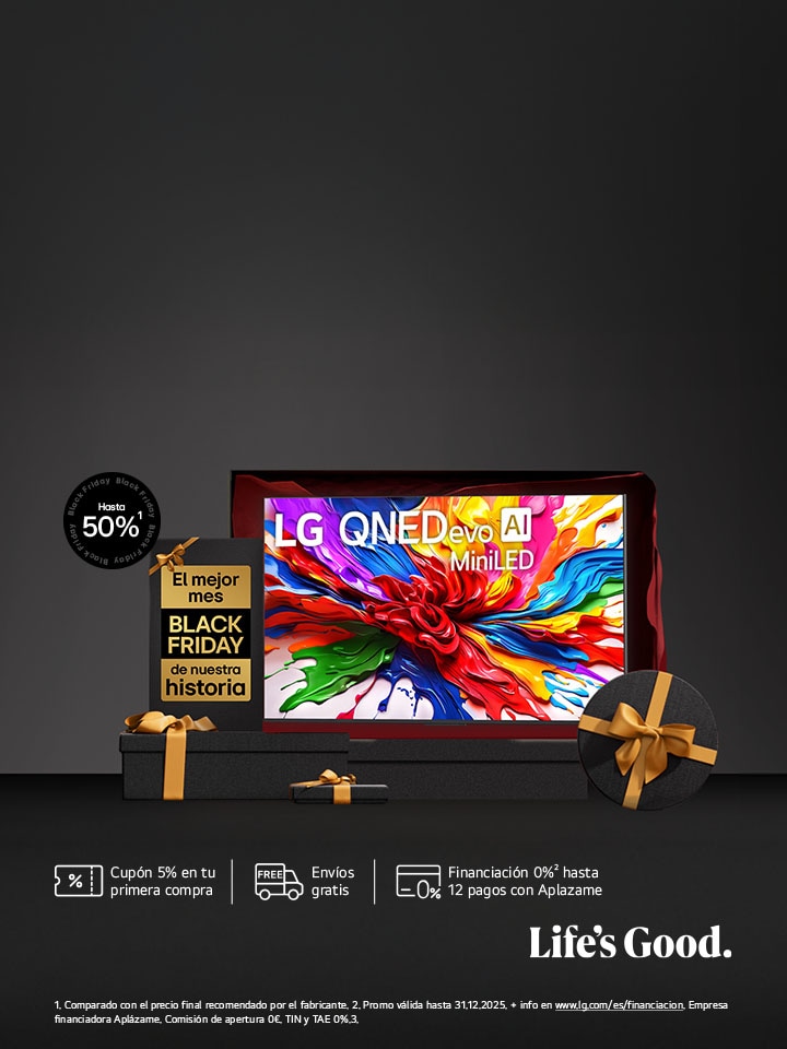 En la pantalla de un televisor  AI hay una imagen abstracta llena de detalles, colores y con un contraste impresionante. Detrás del televisor se puede ver una versión ampliada del procesador alpha 11 AI Gen2 Processor. Brilla una luz que ilumina los circuitos del microchip que lo rodea. El título dice: “LG OLED evo AI”. También se puede ver el texto “impulsado por el procesador LG alpha 11 AI processor Gen2”. En la esquina hay un logo dorado con estrellas que dice: "world's number one OLED TV for 12 years".