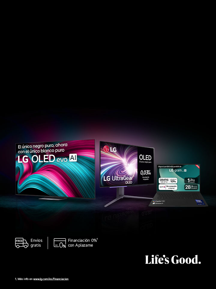 LG OLED TV montado en pared. En la pantalla se ve una cadena montañosa contra un cielo nocturno lleno de estrellas. La pantalla está dividida por la mitad. En un extremo, etiquetado como Non Perfect Black (negro no perfecto), los colores son apagados y grises, las estrellas apenas son visibles. En el otro extremo, la pantalla etiquetada como Perfect Black (Negro perfecto), los negros son profundos y oscuros, las estrellas son brillantes y blancas, lo que da como resultado una imagen muy agradable con un alto contraste.