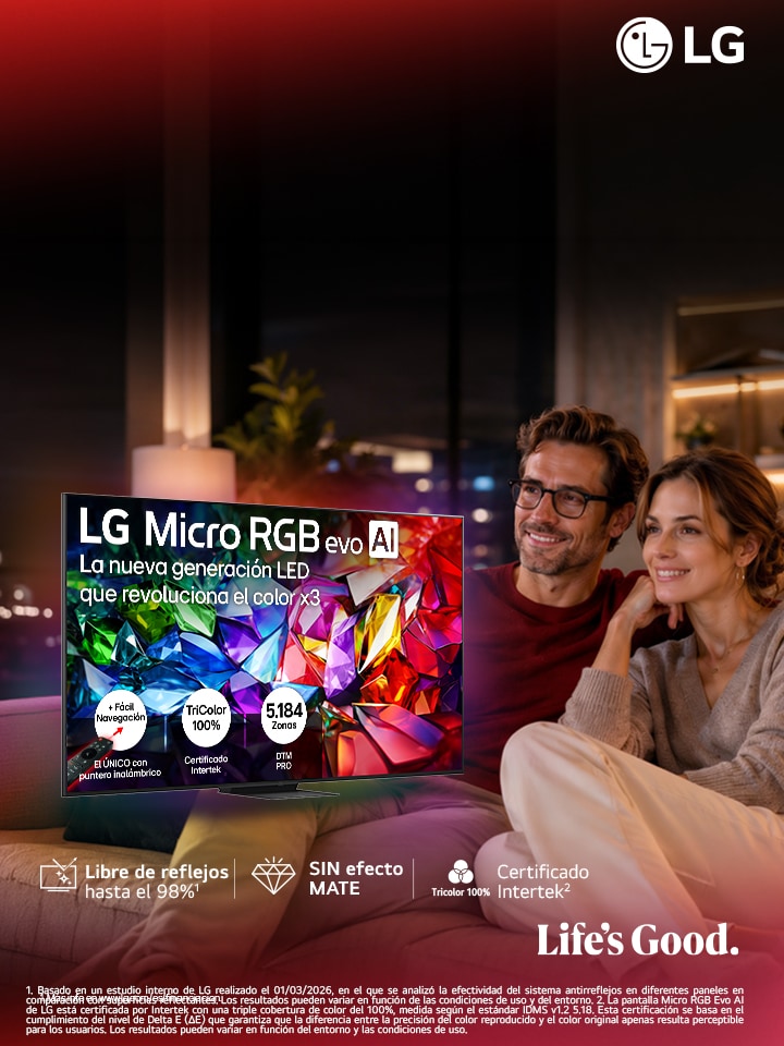 En la pantalla de un televisor  AI hay una imagen abstracta llena de detalles, colores y con un contraste impresionante. Detrás del televisor se puede ver una versión ampliada del procesador alpha 11 AI Gen2 Processor. Brilla una luz que ilumina los circuitos del microchip que lo rodea. El título dice: “LG OLED evo AI”. También se puede ver el texto “impulsado por el procesador LG alpha 11 AI processor Gen2”. En la esquina hay un logo dorado con estrellas que dice: "world's number one OLED TV for 12 years".