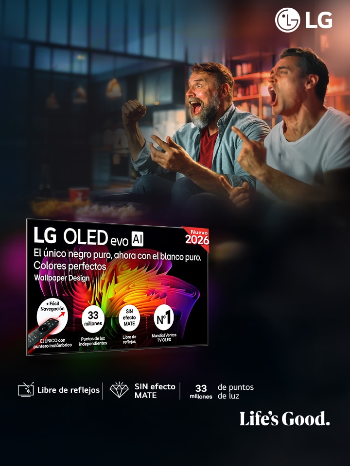 En la pantalla de un televisor LG OLED evo AI hay una imagen abstracta llena de detalles, colores y con un contraste impresionante. Detrás del televisor se puede ver una versión ampliada del procesador alpha 11 AI Gen2 Processor. Brilla una luz que ilumina los circuitos del microchip que lo rodea. El título dice: “LG OLED evo AI”. También se puede ver el texto “impulsado por el procesador LG alpha 11 AI processor Gen2”. En la esquina hay un logo dorado con estrellas que dice: "world's number one OLED TV for 12 years".
