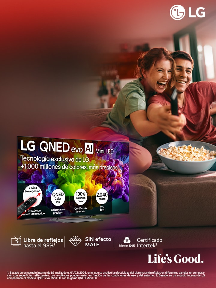 En la pantalla de un televisor AI hay una imagen abstracta llena de detalles, colores y con un contraste impresionante. Detrás del televisor se puede ver una versión ampliada del procesador alpha 11 AI Gen2 Processor. Brilla una luz que ilumina los circuitos del microchip que lo rodea. El título dice: “LG OLED evo AI”. También se puede ver el texto “impulsado por el procesador LG alpha 11 AI processor Gen2”. En la esquina hay un logo dorado con estrellas que dice: "world's number one OLED TV for 12 years".