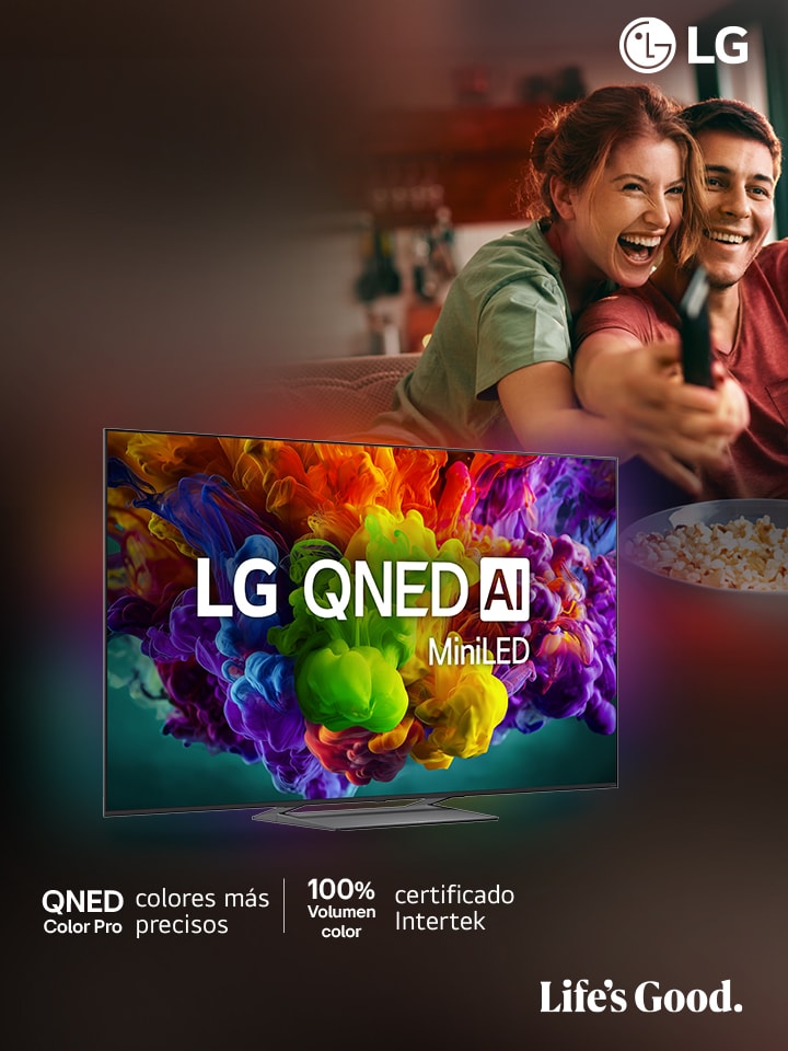 En la pantalla de un televisor  AI hay una imagen abstracta llena de detalles, colores y con un contraste impresionante. Detrás del televisor se puede ver una versión ampliada del procesador alpha 11 AI Gen2 Processor. Brilla una luz que ilumina los circuitos del microchip que lo rodea. El título dice: “LG OLED evo AI”. También se puede ver el texto “impulsado por el procesador LG alpha 11 AI processor Gen2”. En la esquina hay un logo dorado con estrellas que dice: "world's number one OLED TV for 12 years".