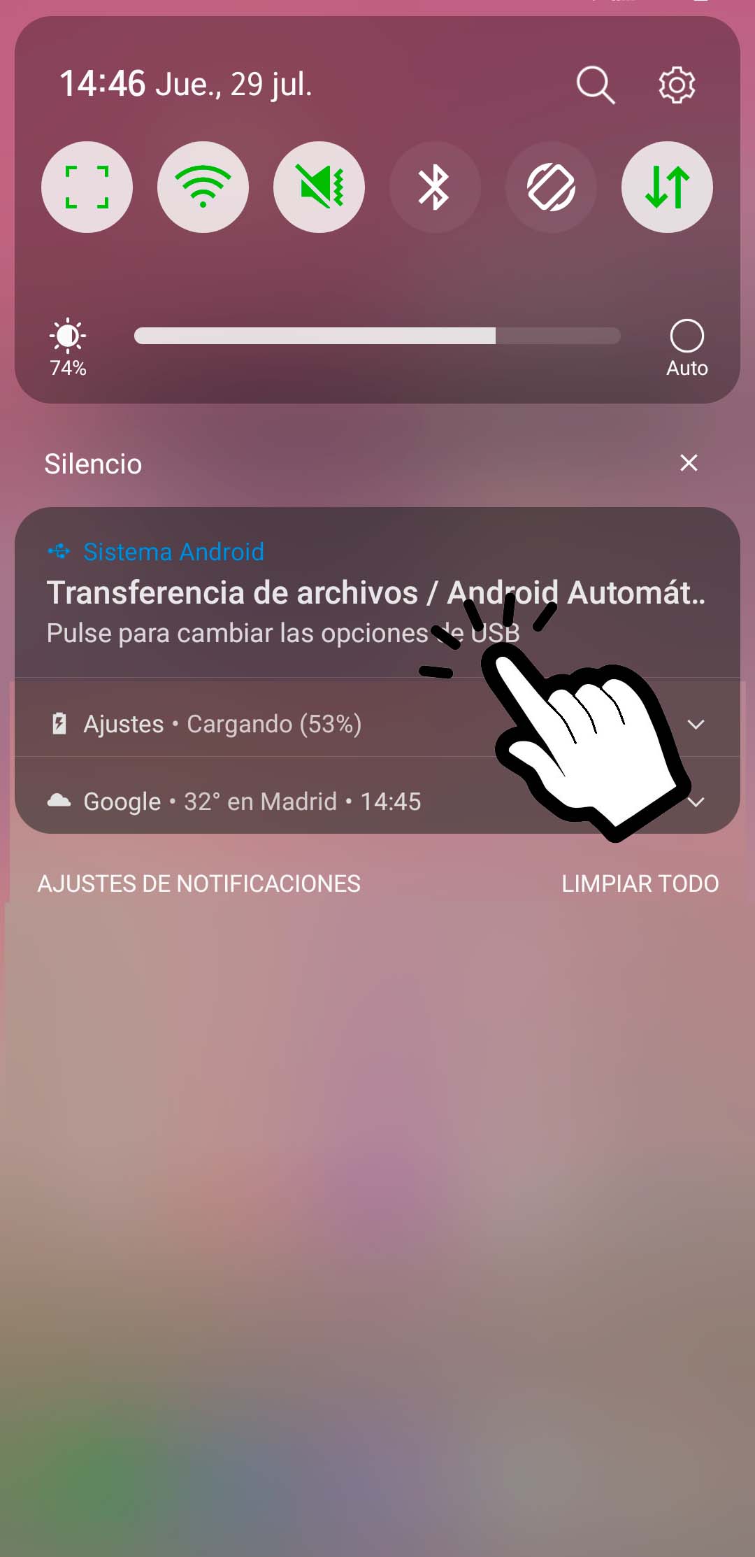 Pulse para cambiar las opciones de USB