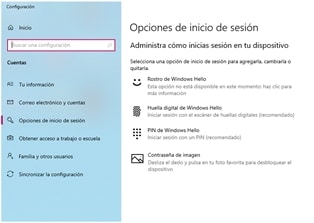 Opciones de inicio de sesión