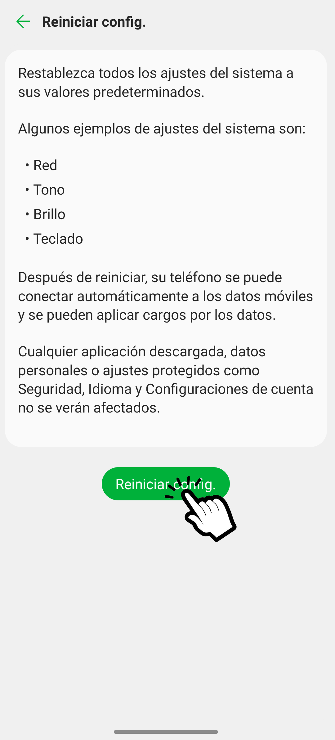 Reiniciar configuración móvil LG