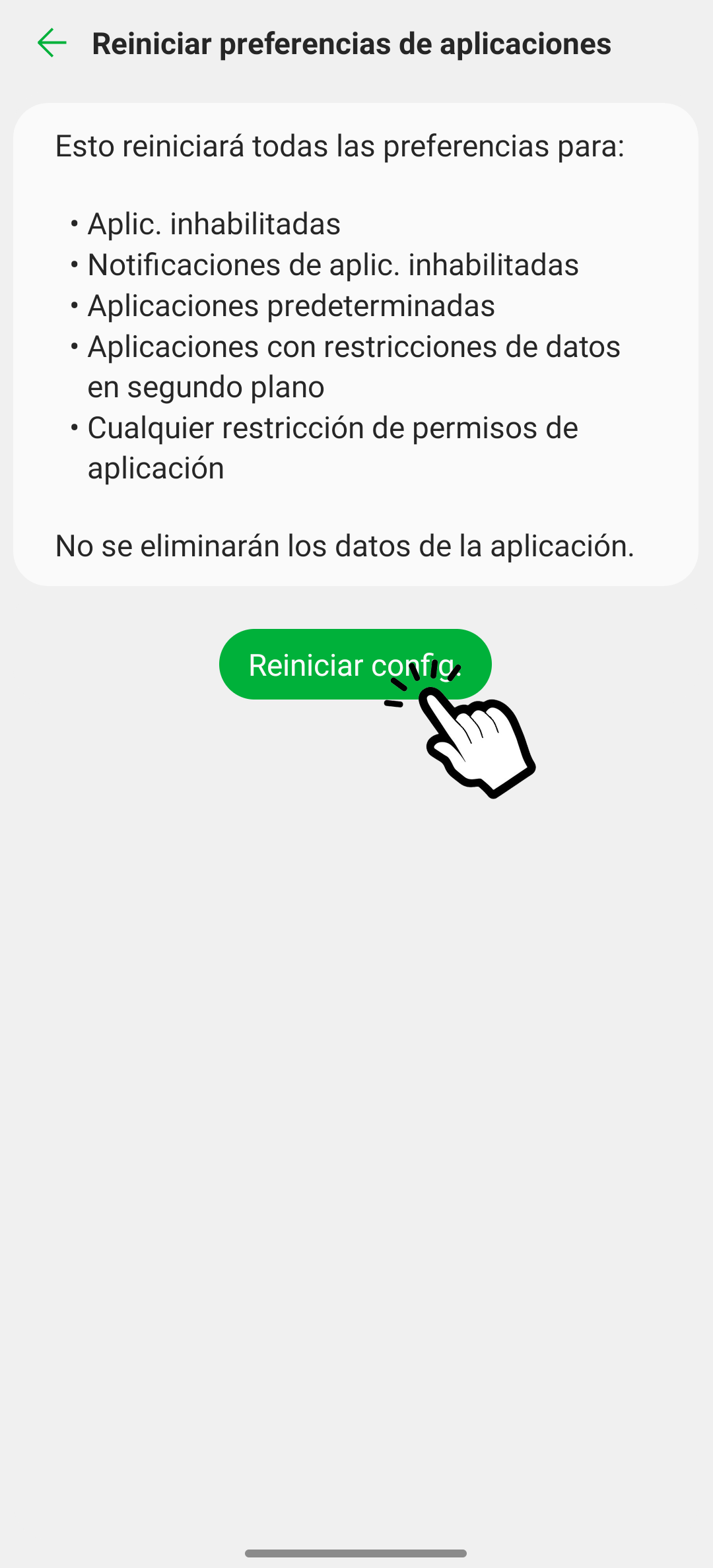 Reiniciar preferencias de aplicaciones móvil LG