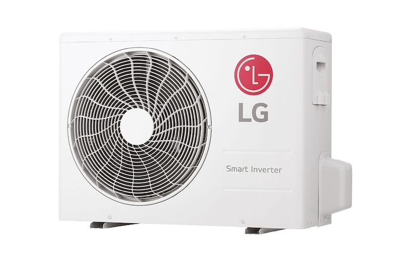 Vista frontale di un condizionatore d'aria LG con il deflettore inferiore apertoTelecomando per condizionatore LG con display e pulsanti