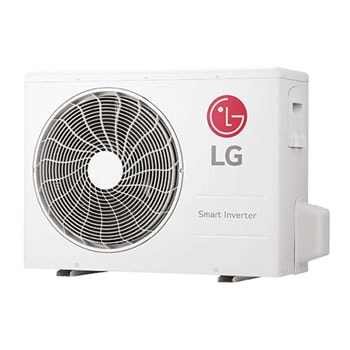 Vista frontale di un condizionatore d'aria LG con il deflettore inferiore apertoTelecomando per condizionatore LG con display e pulsanti