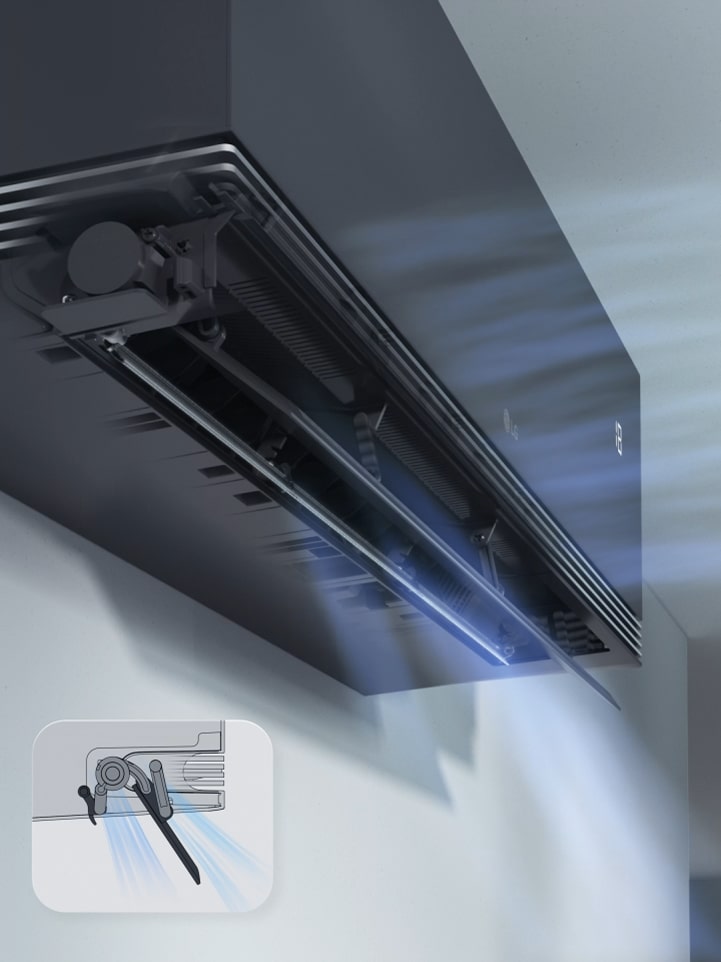 Aire acondicionado LG con tecnología Dual Vane que dirige el flujo de aire para mejorar la eficiencia de refrigeración y calefacción. 
