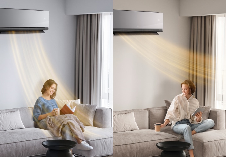 Una mujer disfruta de la calefacción inteligente de un aire acondicionado LG, que proporciona un flujo de aire caliente personalizado para mayor comodidad. 